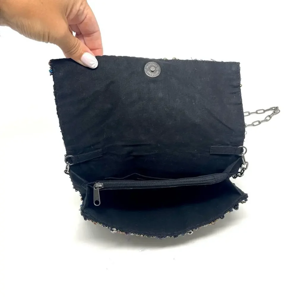 Free People Multicolor Black Beaded Evening Clutch Purse w/ Gunmetal Chain Strap